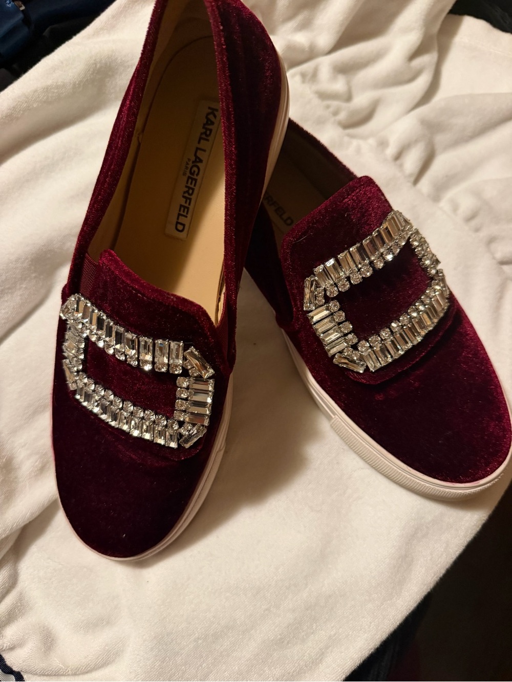 Karl Lagerfeld Burgundy Velvet Crystal-Embellished Slip-On Loafers